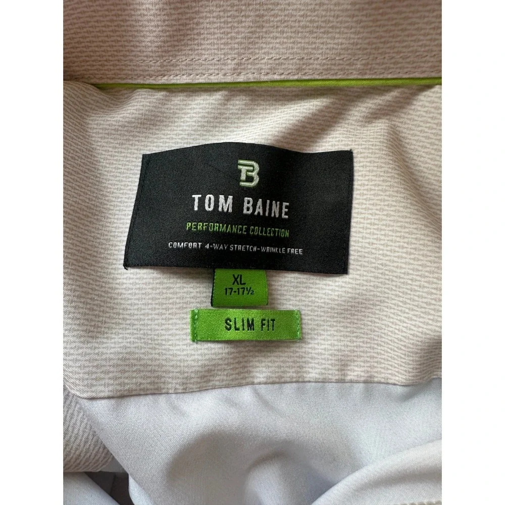 Tom Baine Performance Dress‎ Shirt XL 17-17.5 Slim Fit Tan Herringbone Stretch